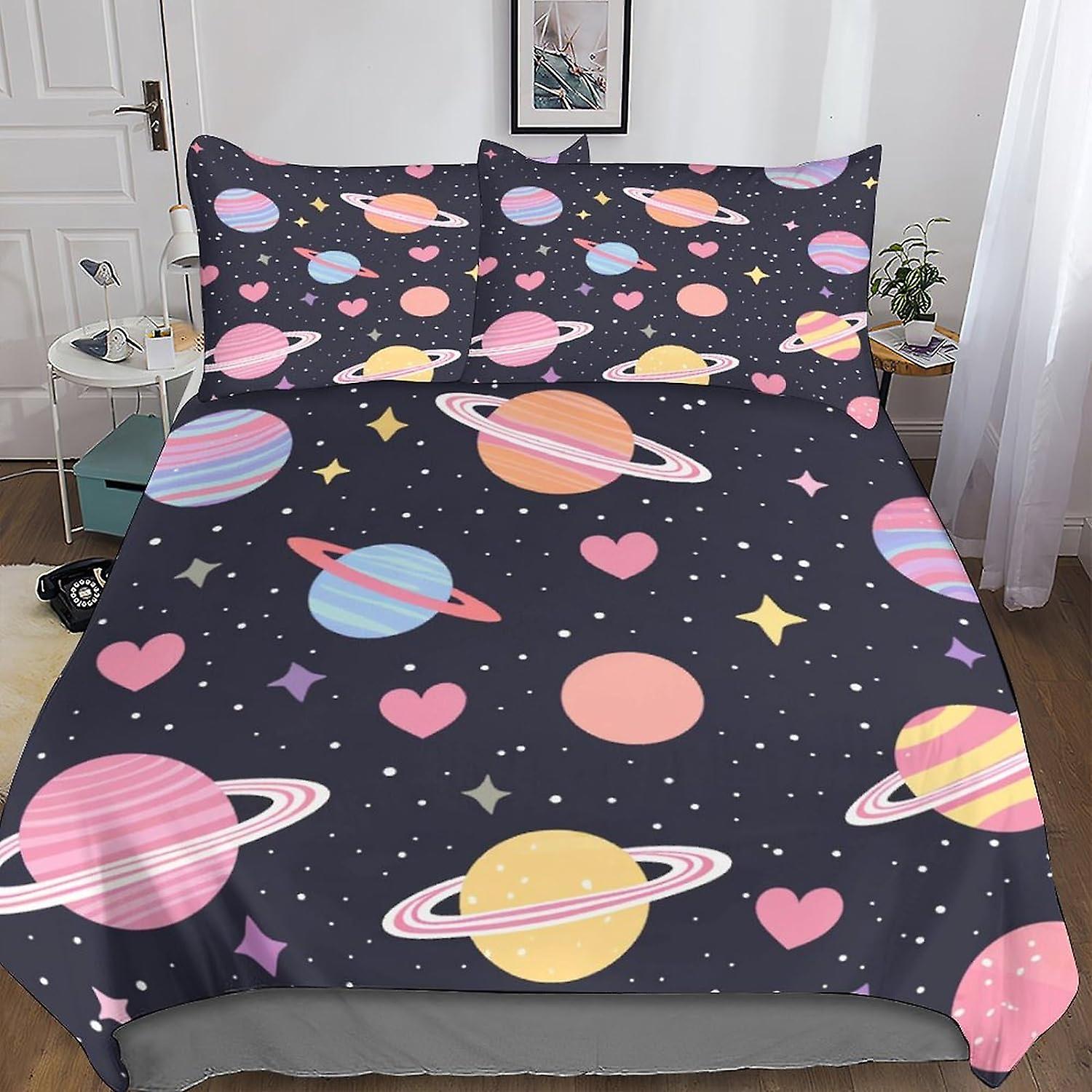 DSJackson Galaxy Planet Rocket 3PCs Duvet Cover 3D Print Universe Quilt Cover Bedding Set with Microfiber with Hidden Zipper Closure with Pillowcases