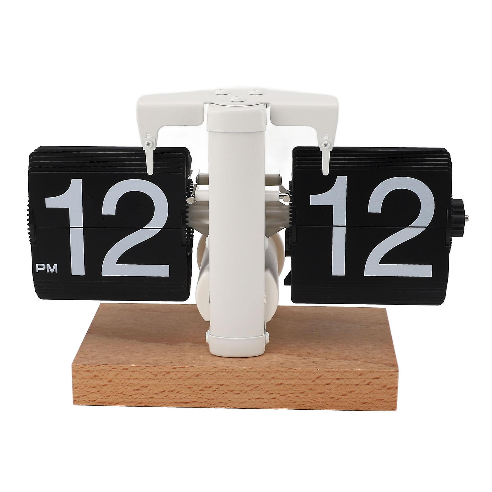 2024 Flip Desk Clock Auto Mechanical Flip 12H AM PM Wood Base Battery Powered Vintage Retro Digital Table Clock for Home Office Black Page