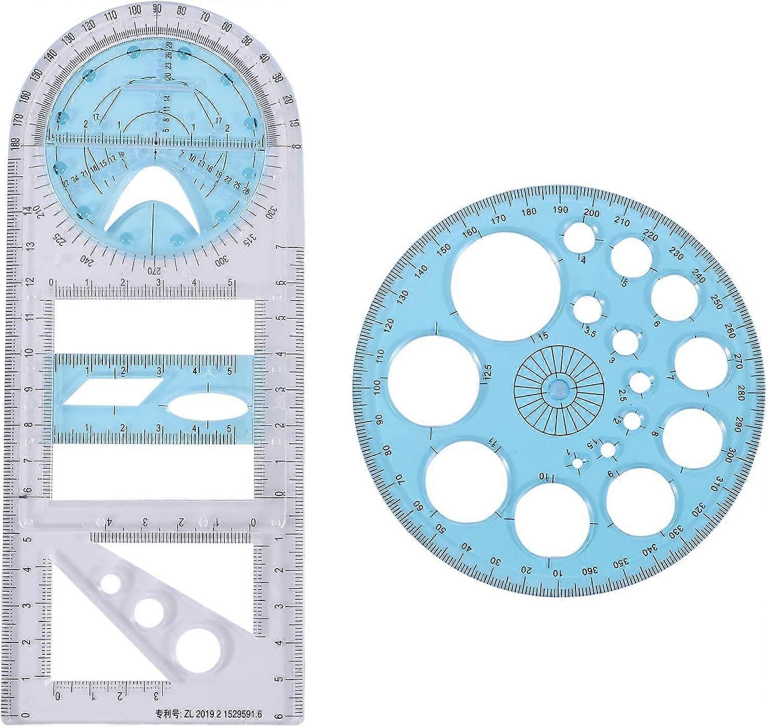 2 Pcs Multifunctional Geometric Ruler Plastic Circle Drawing Tool Drafting Templates Clear Graphic Design Tools -Yx
