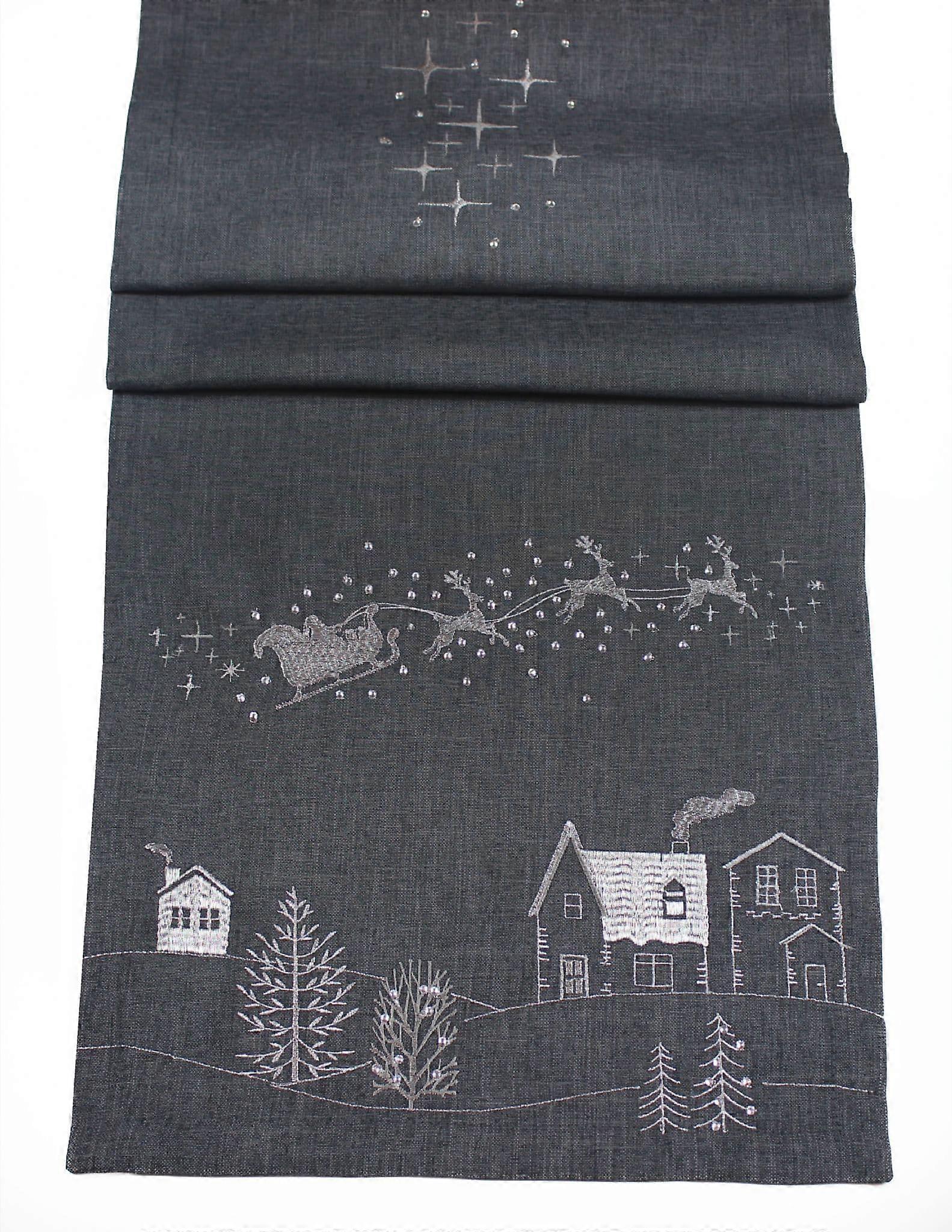 Santas Ride Pewter/Silver Embroidered Christmas Table Runner 14" x 75"