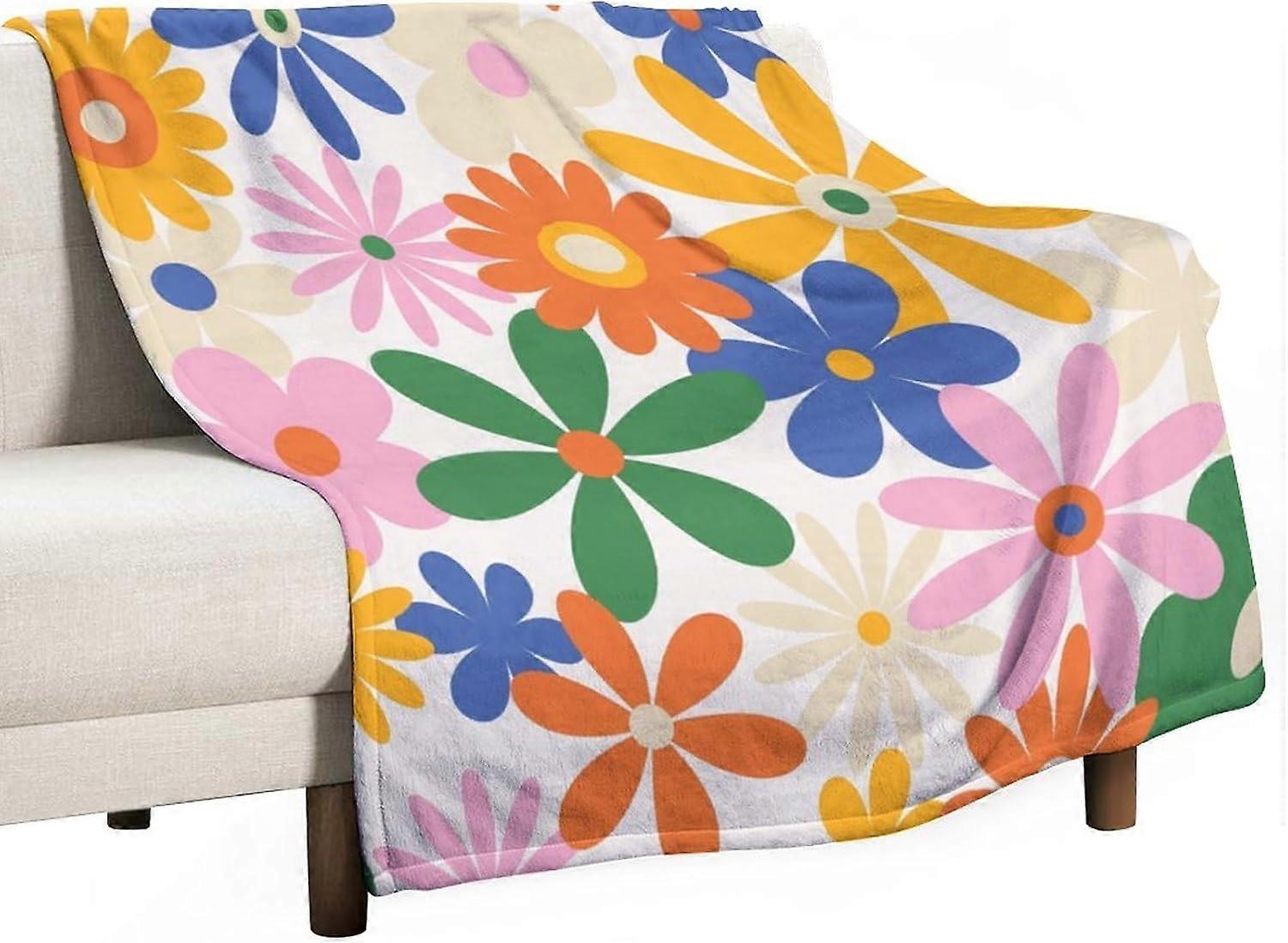 70'ler Retro Çiçek Atmak Battaniye, 60'lar Vintage Groovy Papatya Çiçekler Boho Hippi Parlak Renkli Çiçek Baskı Battaniye Kanepe Sandalye Çekyat Yurt Bedroo