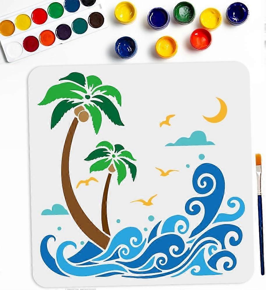 Wave Coconut Tree Stencil 11.811.8inch Large Sea Beach Scenery Stencils with Paint Brush