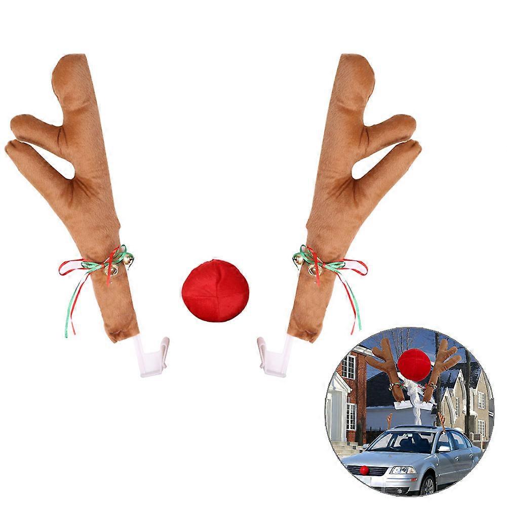 Auto Car Reindeer Antlers and Nose Set for Car Window Roof-Top and Front Grille Reindeer Christmas Car Costume Auto Accessories