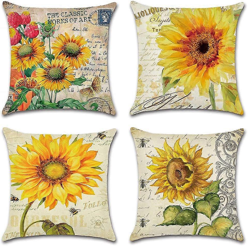 4 Pieces of Happy Sunflower Pillow Cases Summer Autumn Harvest Thanksgiving Hand Painted Linen