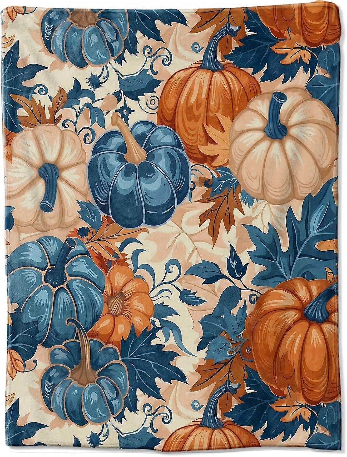 بطانية اليقطين Harvest Delight - بطانية رمي مريحة مقاس 60 × 80 بوصة بتصميم اليقطين الأزرق الخريفي والبرتقالي