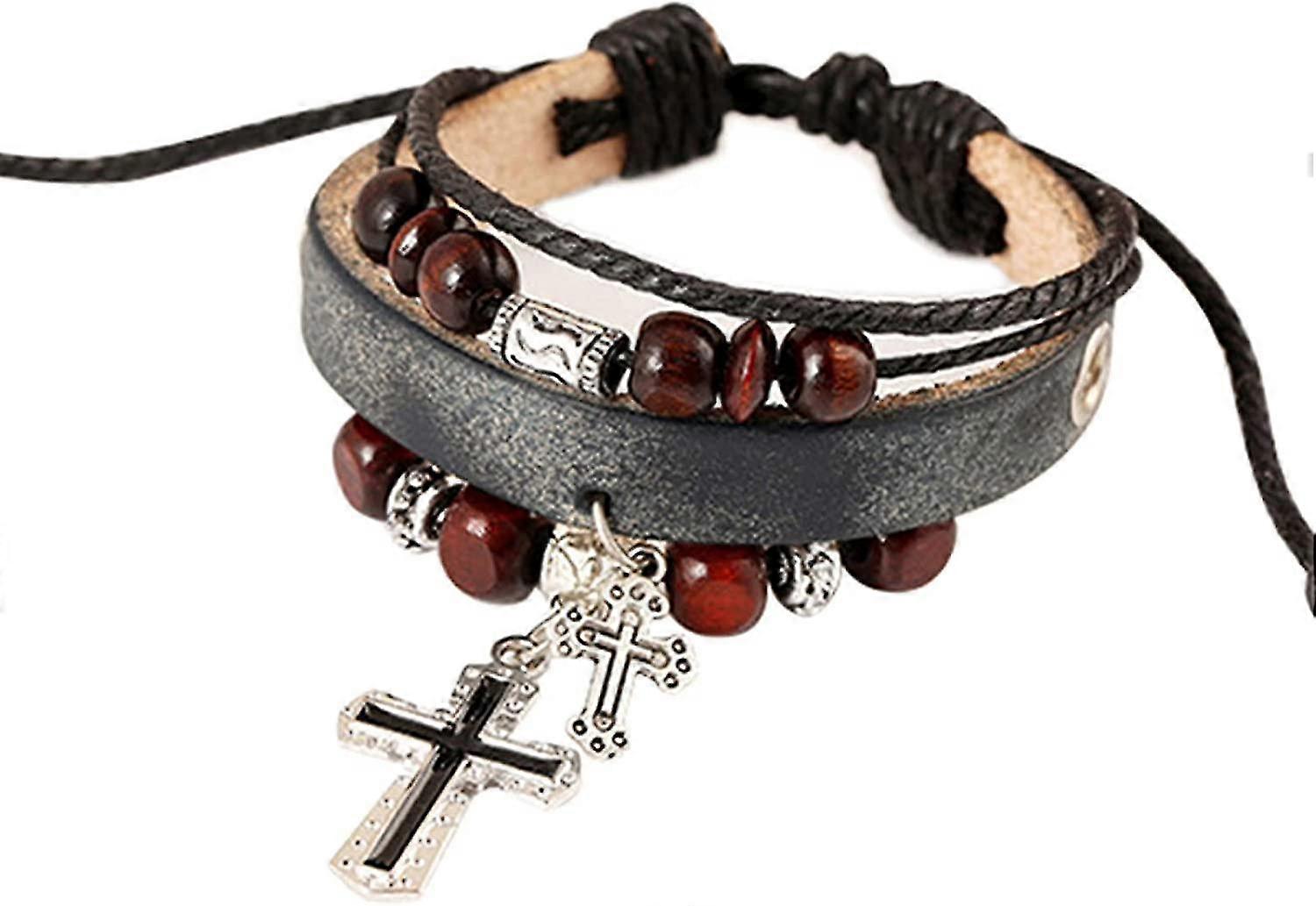ティーンガールズのためのブレスレット、ヴィンテージクロスペンダント多層ビーズフェイクレザーブレイドブレスレットバングル