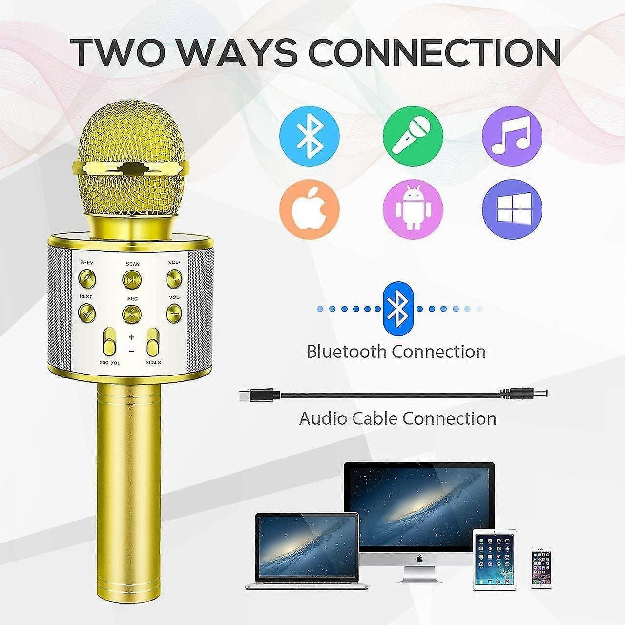 Wireless Bluetooth Karaoke Microphone With Speaker   Record Function, Best Gift Singing Toy For Kid  Gold
