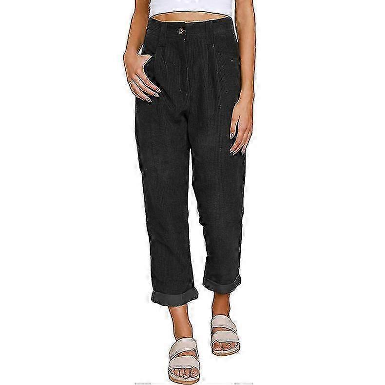 Women's Casual Corduroy Trousers High Waisted Loose Trousers Retro Solid Color Buttoned Straight Trousers