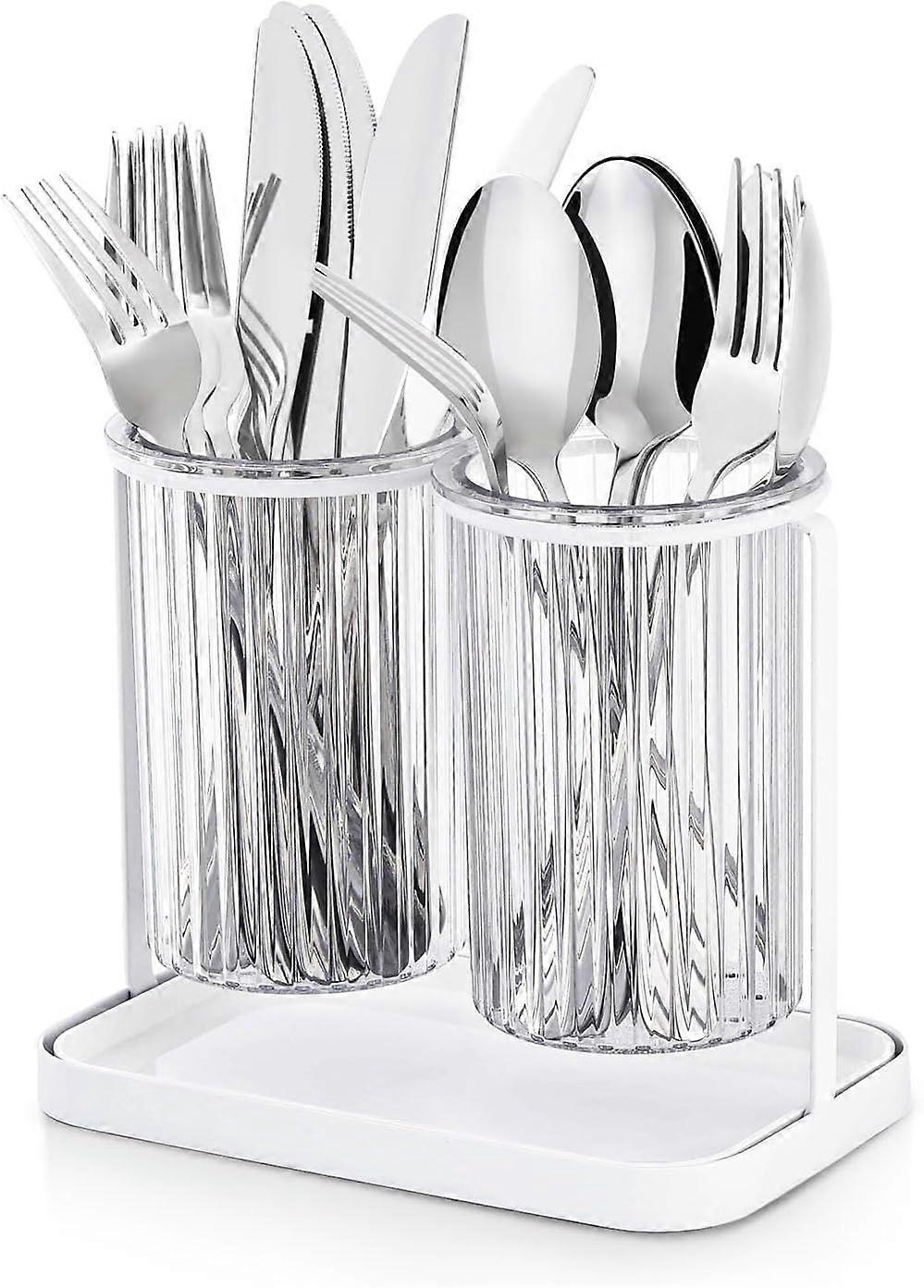 Countertop Silverware Fork and Spoon Holder, Countertop Plastic Silverware Organizer, Silverware Caddy with Drainer, Clear
