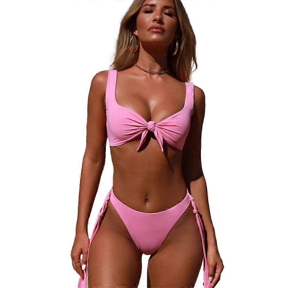 Damen Sexy Bikini Badeanzug Karo Print Krawatte Knoten Front String Bottom Bademode Set