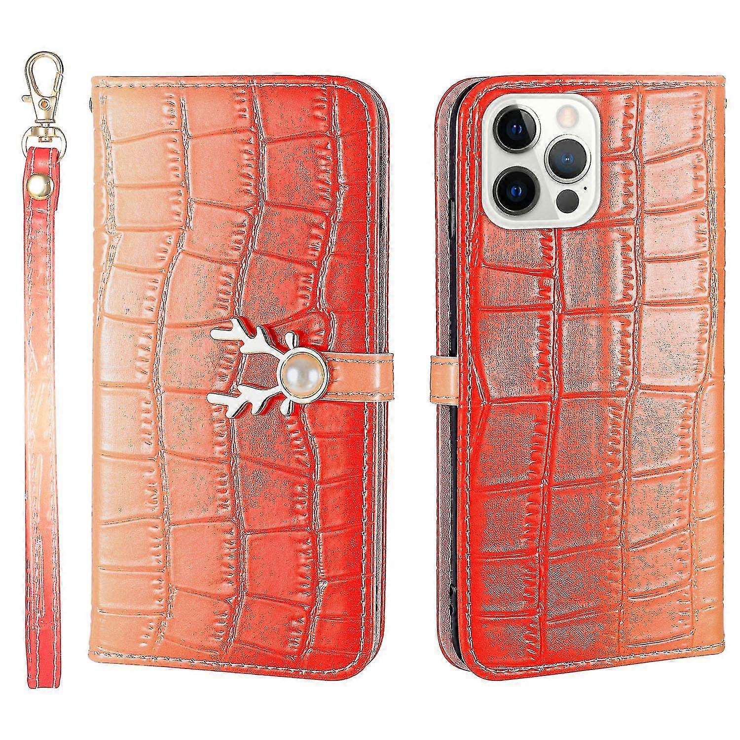 Elk Pattern Phone Case For Iphone 14 Pro Max With Card Holder, Lanyard, Pu Leather Material, Wallet Function, Corner Fall Protection