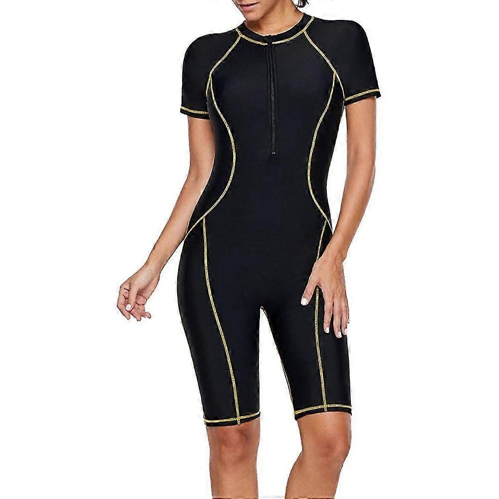 Maillot de bain une pièce à manches courtes zippée sur le devant pour femmes (noir) - S
