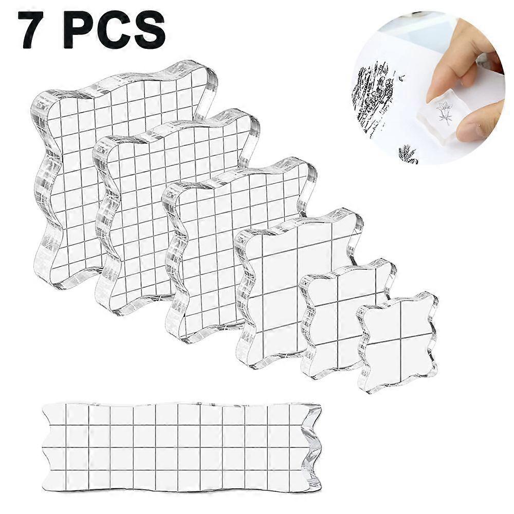 7 Pieces Acrylic Stamp Block Assorted Sizes Clear Acrylic Mounting Blocks Set, Decorative Stamp Blocks with Grid Lines for Scrapbooking Crafts Making