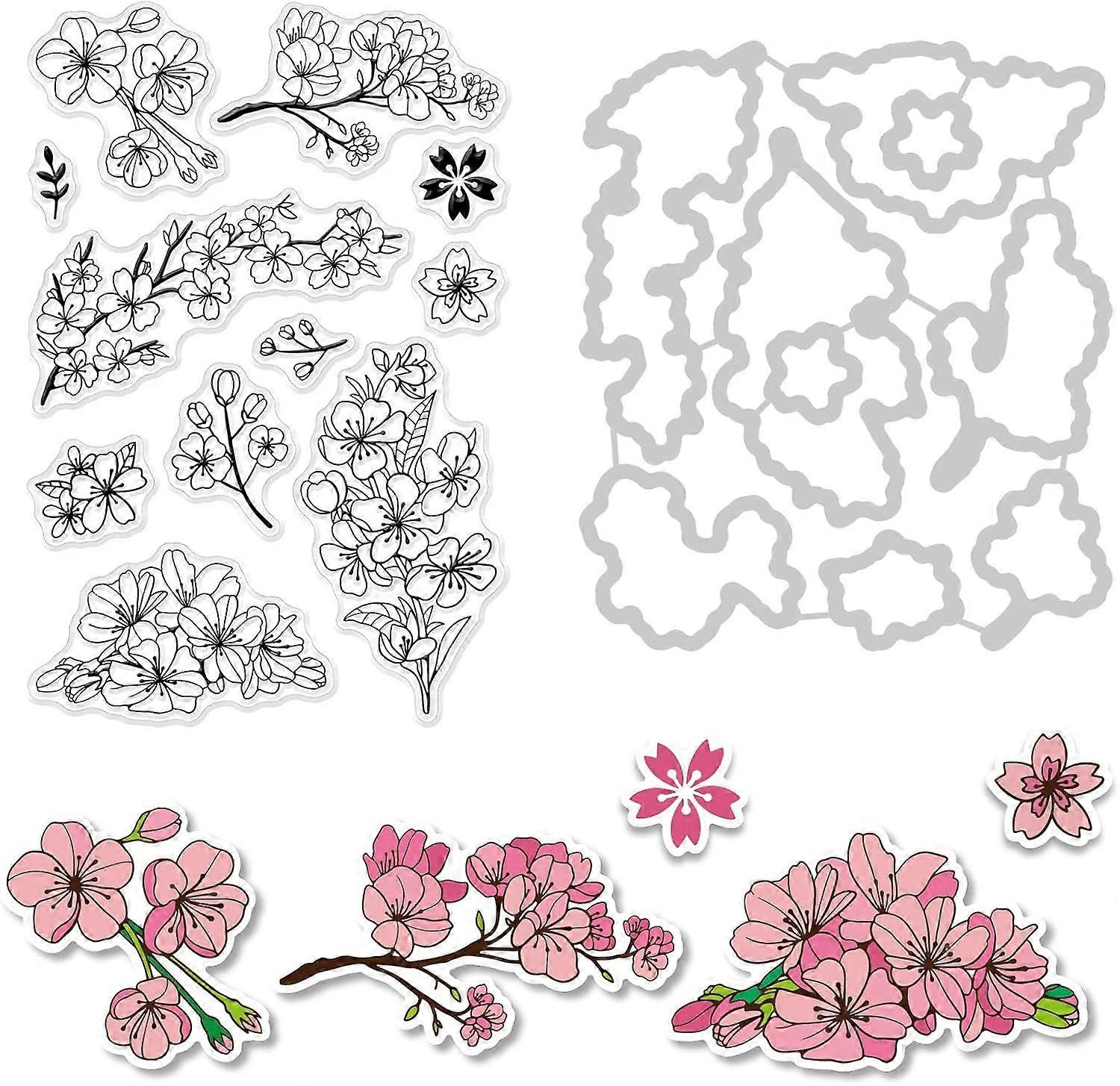 Cherry Blossom Cut Dies and Clear Stamp Set Pink Flower Embossing Template and Silicone Stamp for Card Scrapbook Card DIY Craft
