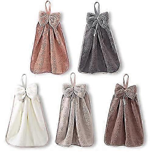 5 Pcs Bow Hand Towels With Hanging Loop - Microfiber Coral Fleece Hanging Band Towel (5 Colors)