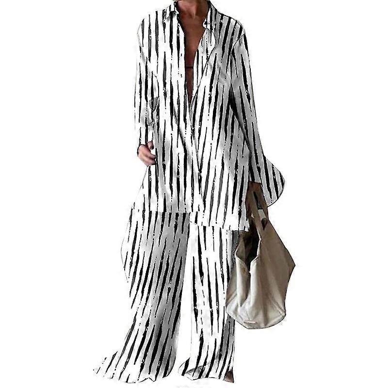 طقم نسائي مكون من قطعتين، قميص بأكمام طويلة وبنطلون فضفاض