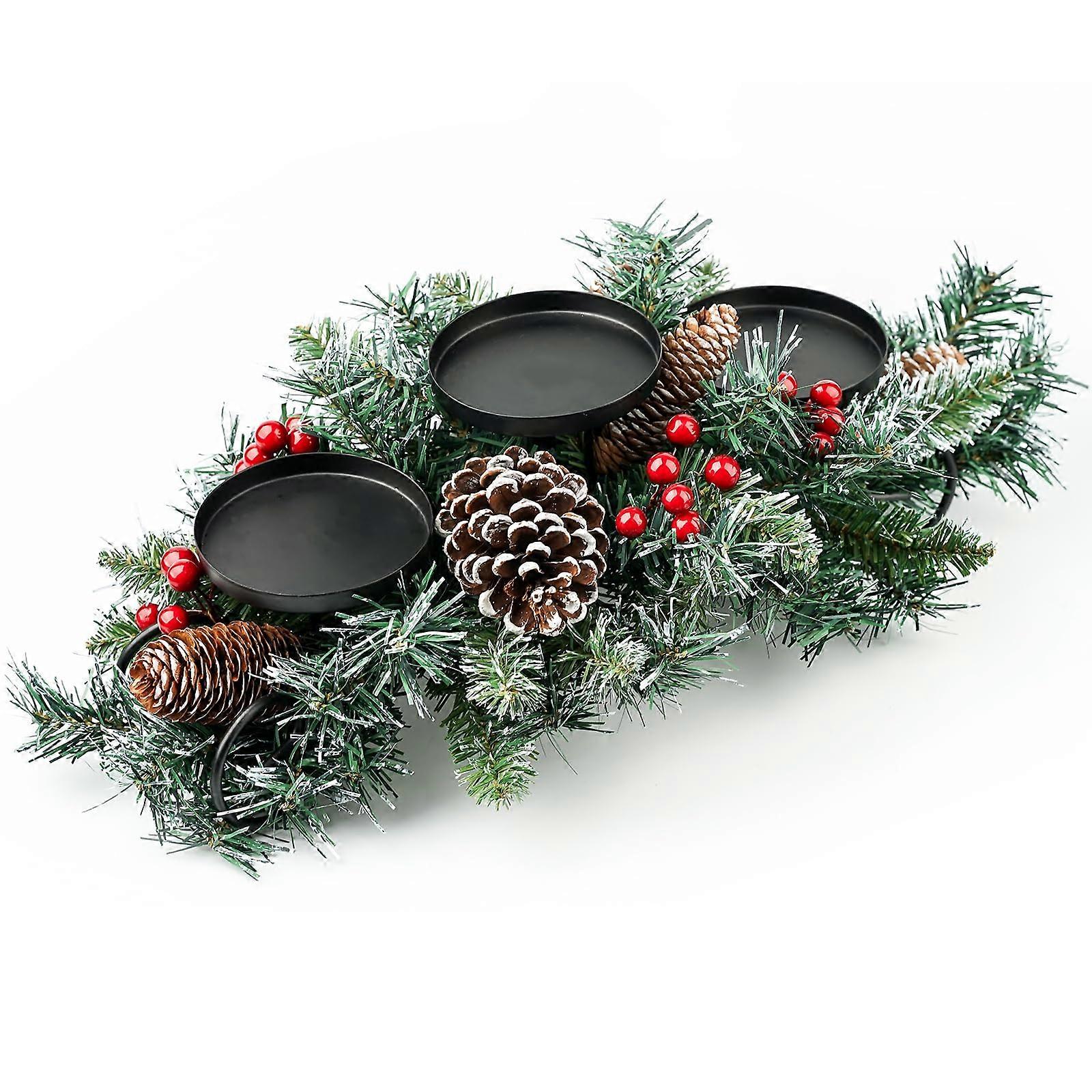 3 Candle Holders Set with Red Berries and Pine Cones for Fireplace or Table Centerpiece