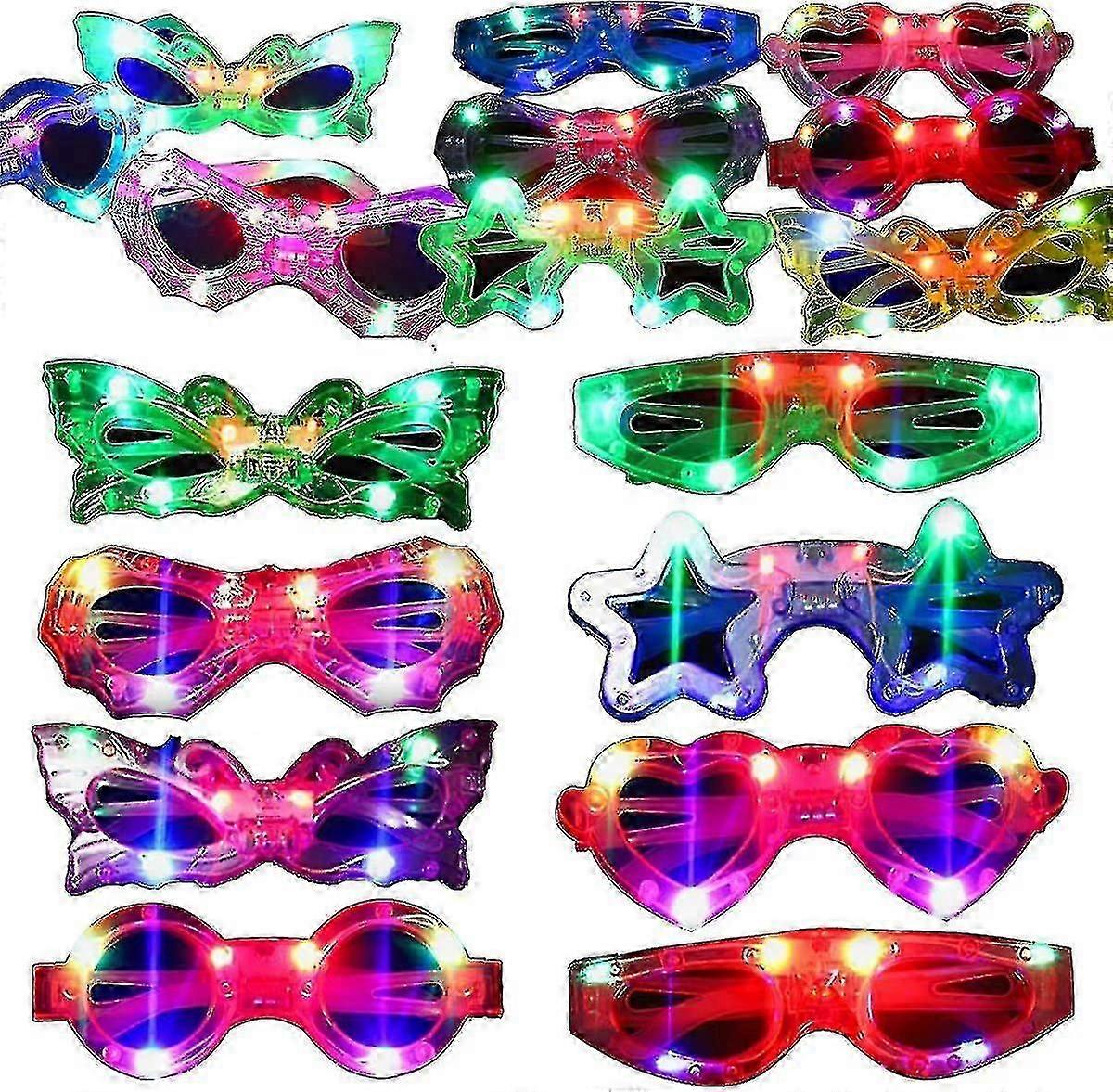 24 Packs Led Glasses For Kids Glow In The Dark Party Supplies Favor,6 Led 6 Shapes Glasses Flashing Plastic Light Up Glass Toys Bulk 3 Replaceable Bat