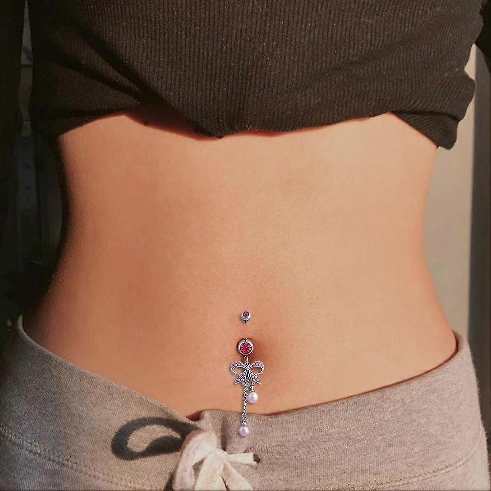 CZ Pink/White Bow Dangle Belly Button Ring Sparkling Crystal Belly Bars