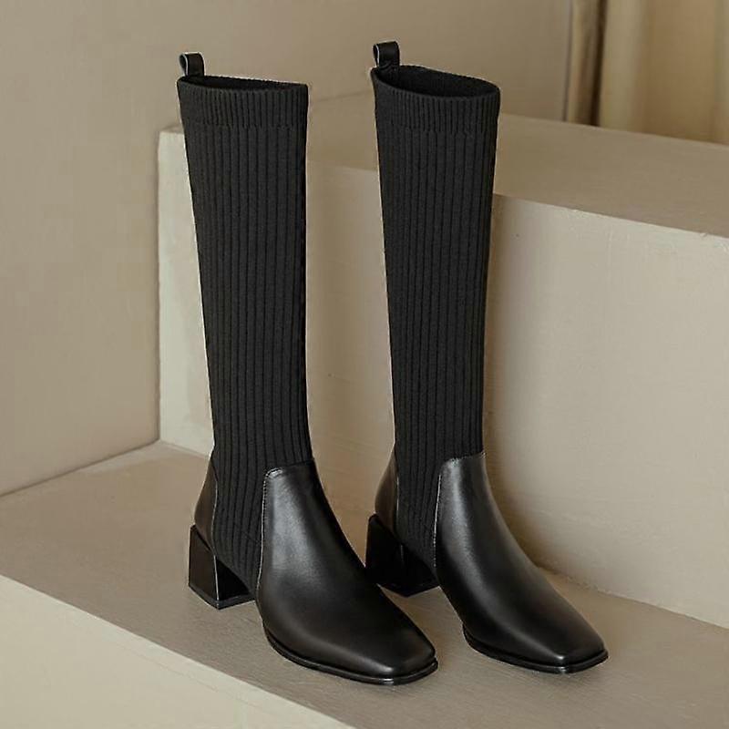 Retro Knitted Wool Stretch Thin Long Boots Women's Knee-high Thick-heeled Socks Boots Long Boots Autumn and Winter Single Boots