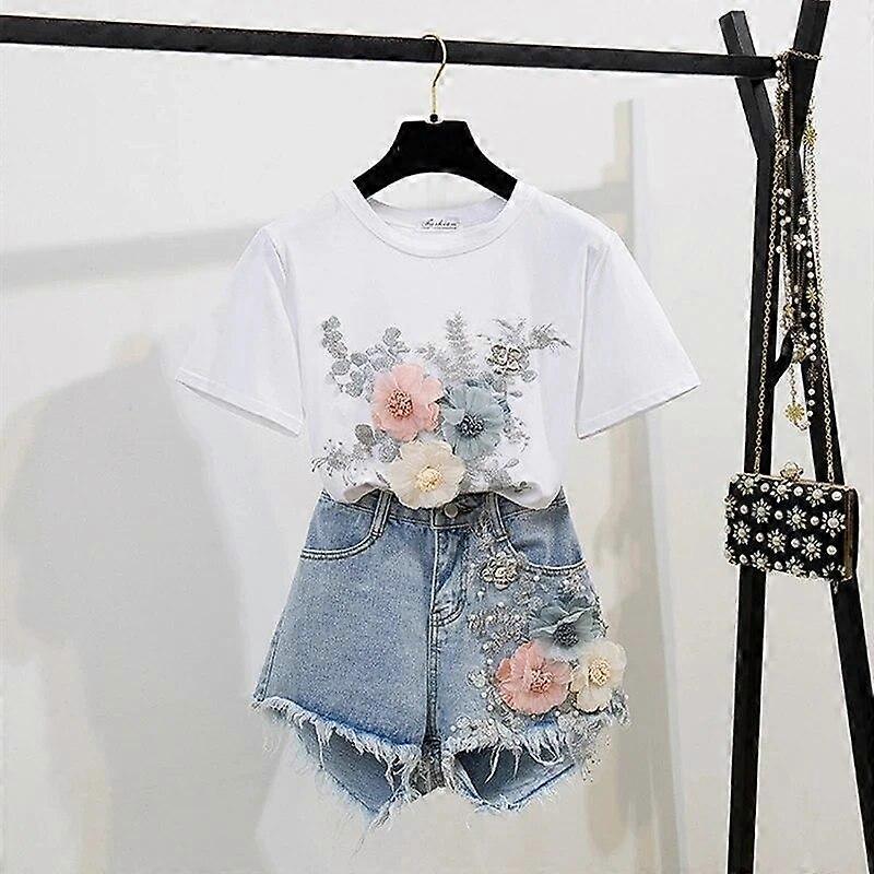 Fashion Cotton T-Shirt Tops + Short Jeans 2 Pieces Sets 2 Summer Women's Denim Pants Outfits 3D Flowers Beading Suits