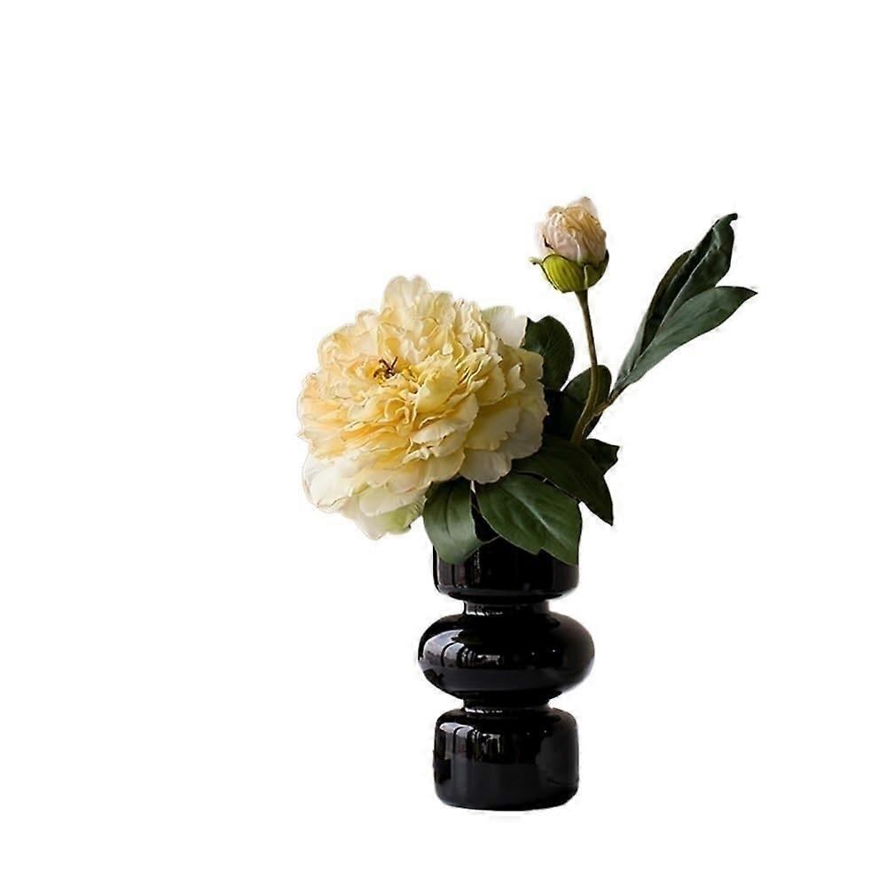 Fleurs artificielles pivoine jaune arrangement dans un vase en verre noir pour la décoration du salon - Accent de maison de style chinois