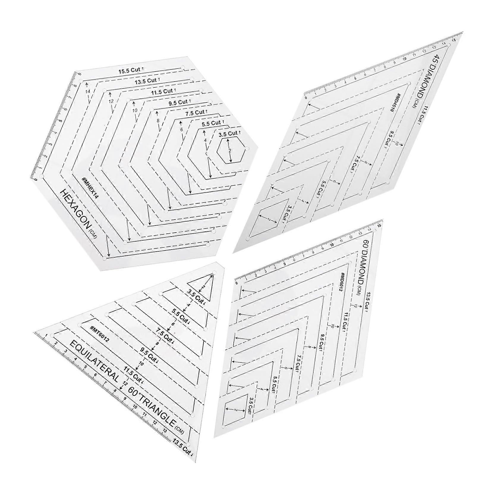 Patchwork Ruler Set - 4 Plastic Sewing Rulers for Quilting, Measuring, and Hemming with Various Stitch Shapes