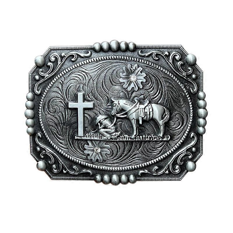 Kneeling cowboy cross and horse pattern belt buckles