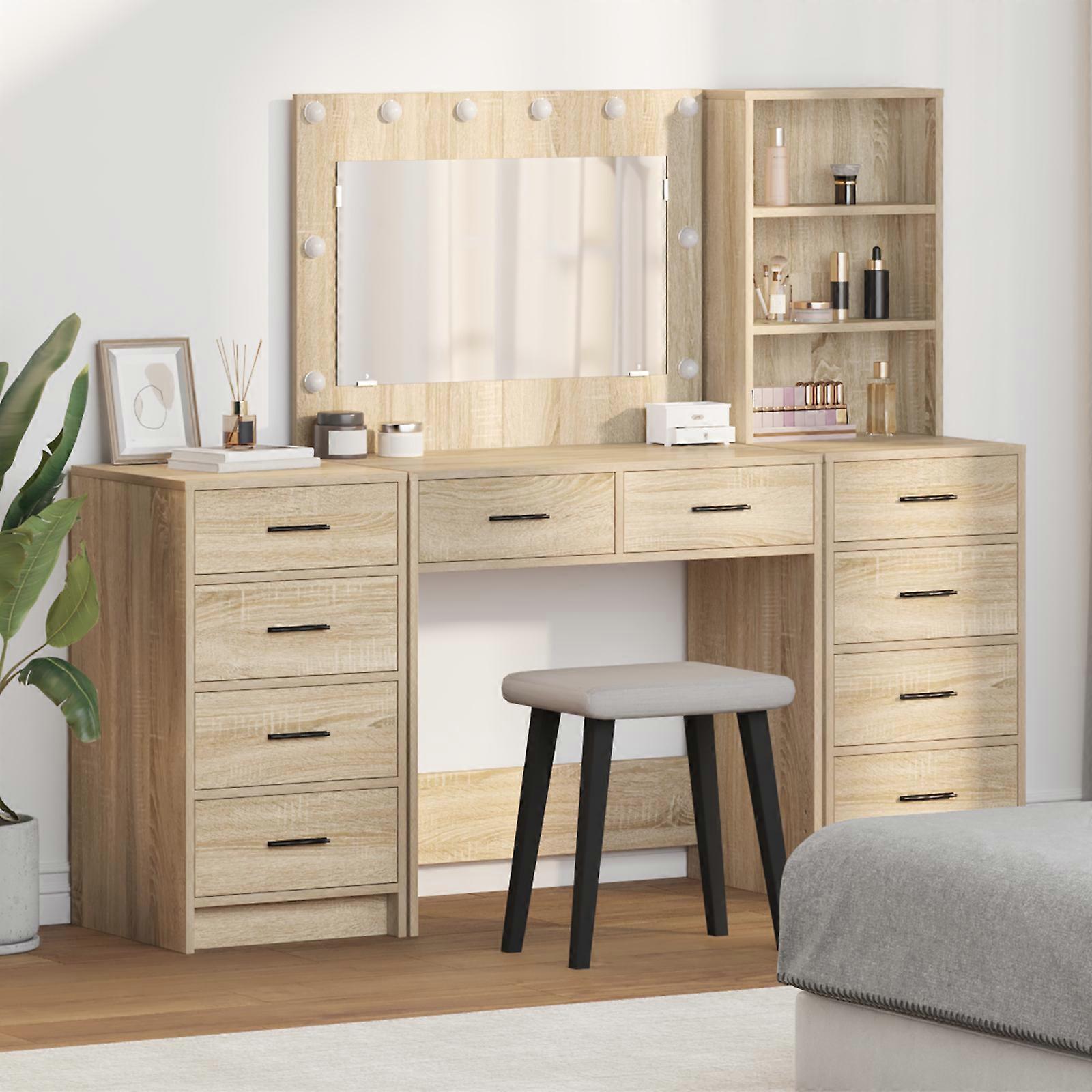 3-Piece Dressing Table Set with LED in Sonoma Oak Engineered Wood
