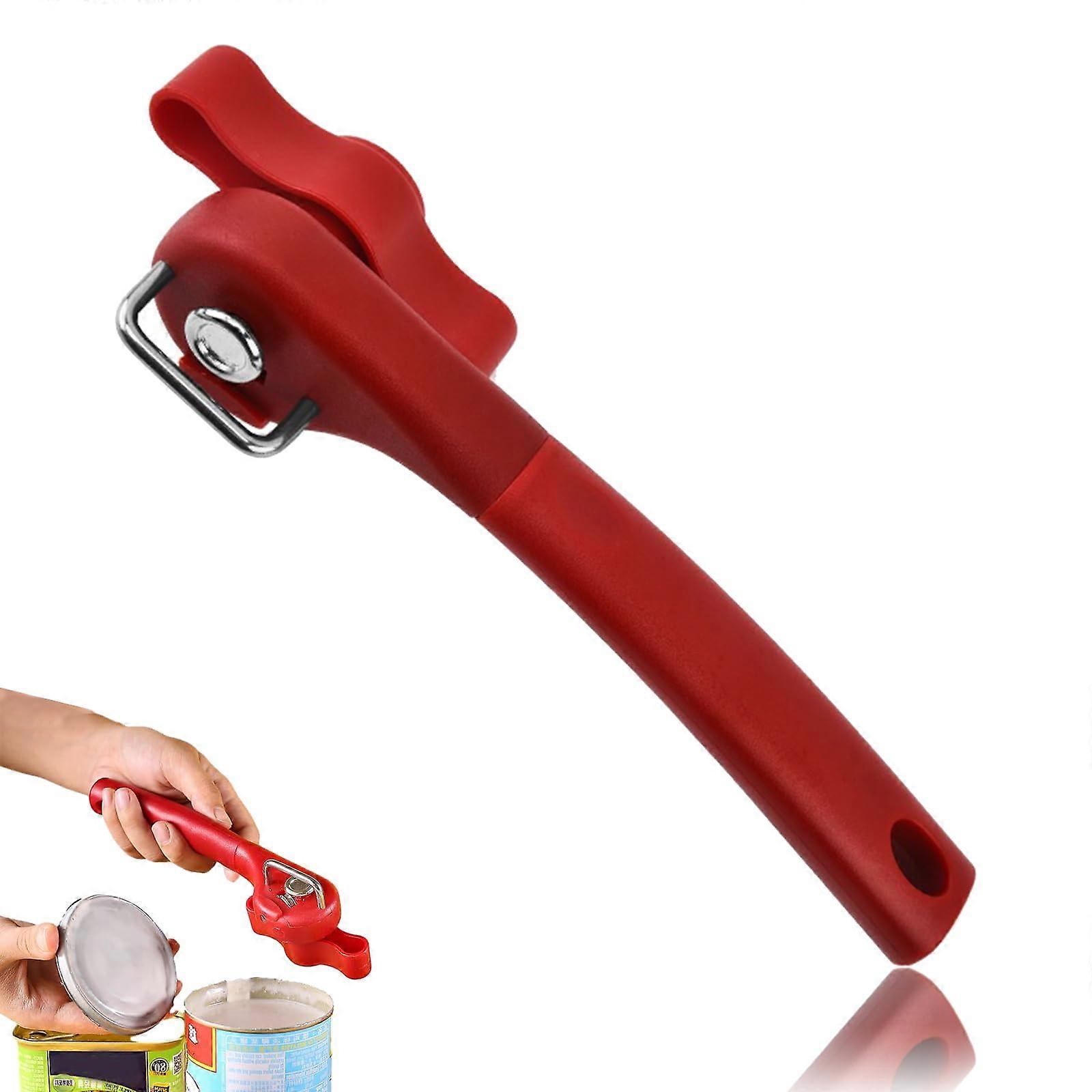 Stainless Steel Can Opener, Safe Edge 2in1 Manual Can Opener, Universal Can Opener for All Cans, Red