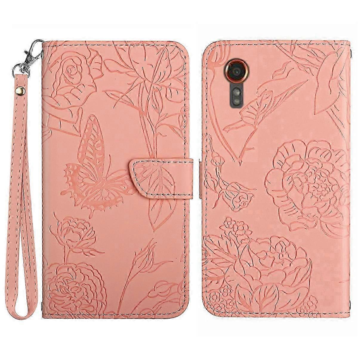 Leather Case with Hand Strap Butterfly Flower Pattern for Compatible Samsung Devices
