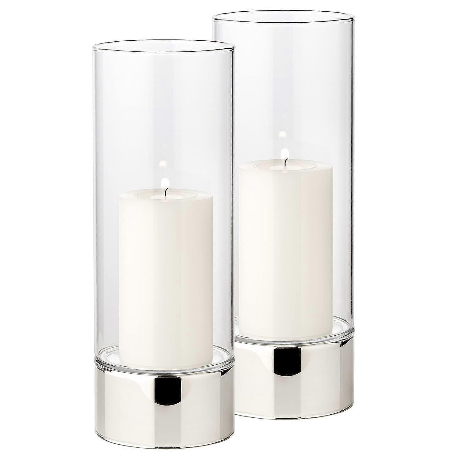 Lanterns Set of 2 - 25 cm Height, 9 cm Diameter, Glass with Silver Base, Indoor/Outdoor Candle Holders for 8 cm Candles