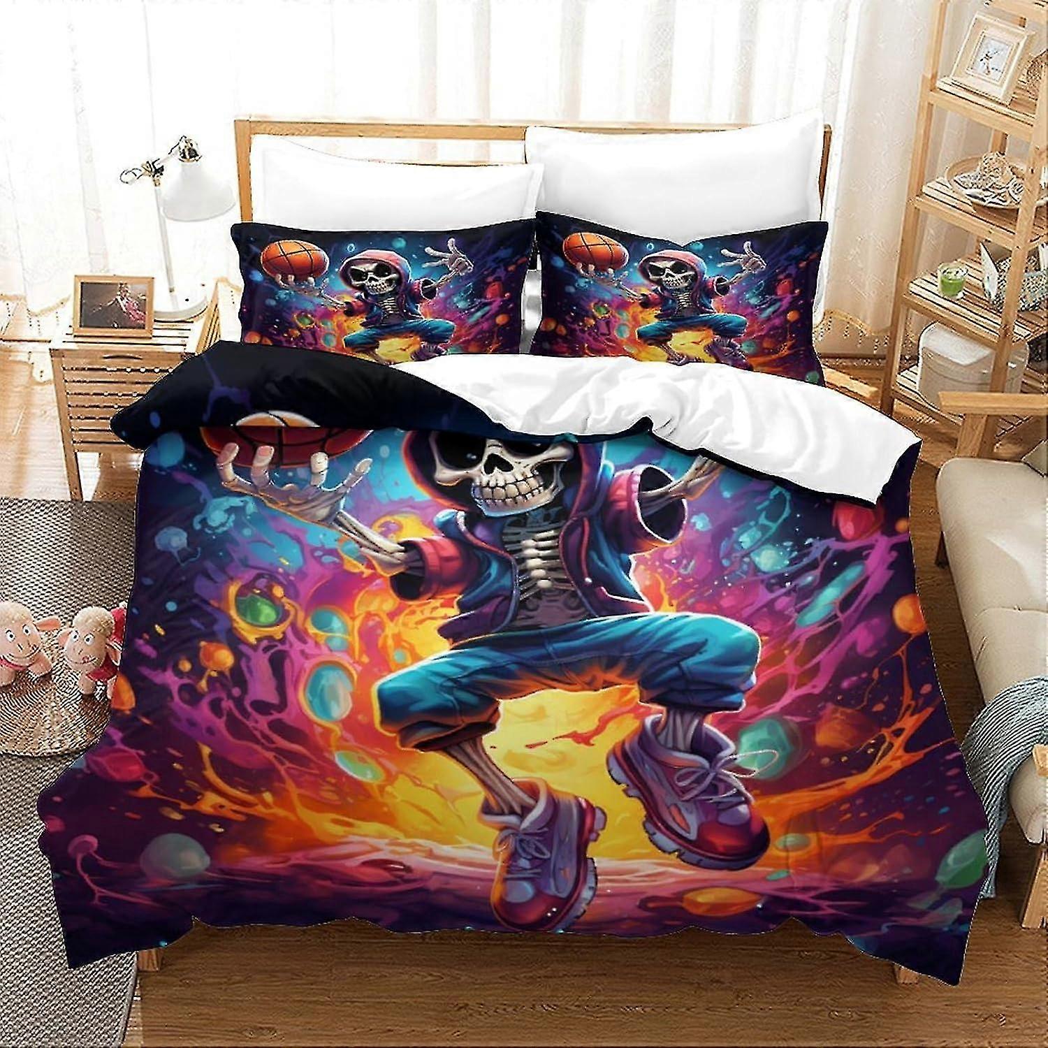 Soft Duvet Cover Set, Skeleton Man Design, Printed Duvet Cover and Pillowcase, Romantic Graffiti Style, 3 Piece Set, Suitable for All Ages