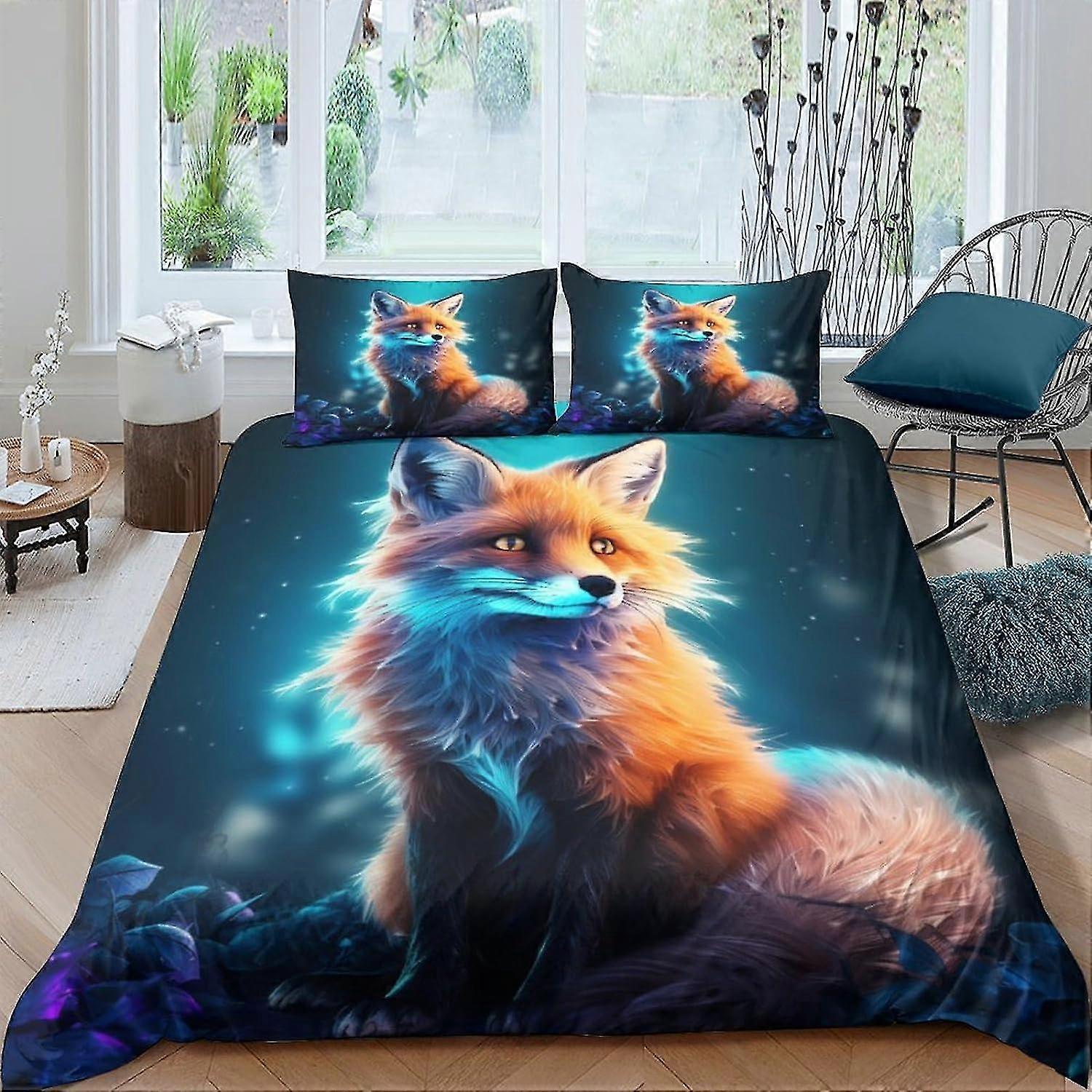 White Bedding Set with Zipper Closure, Suitable for Fox Design, 3 Pieces Double Duvet Cover for Kids, Teens, and Adults