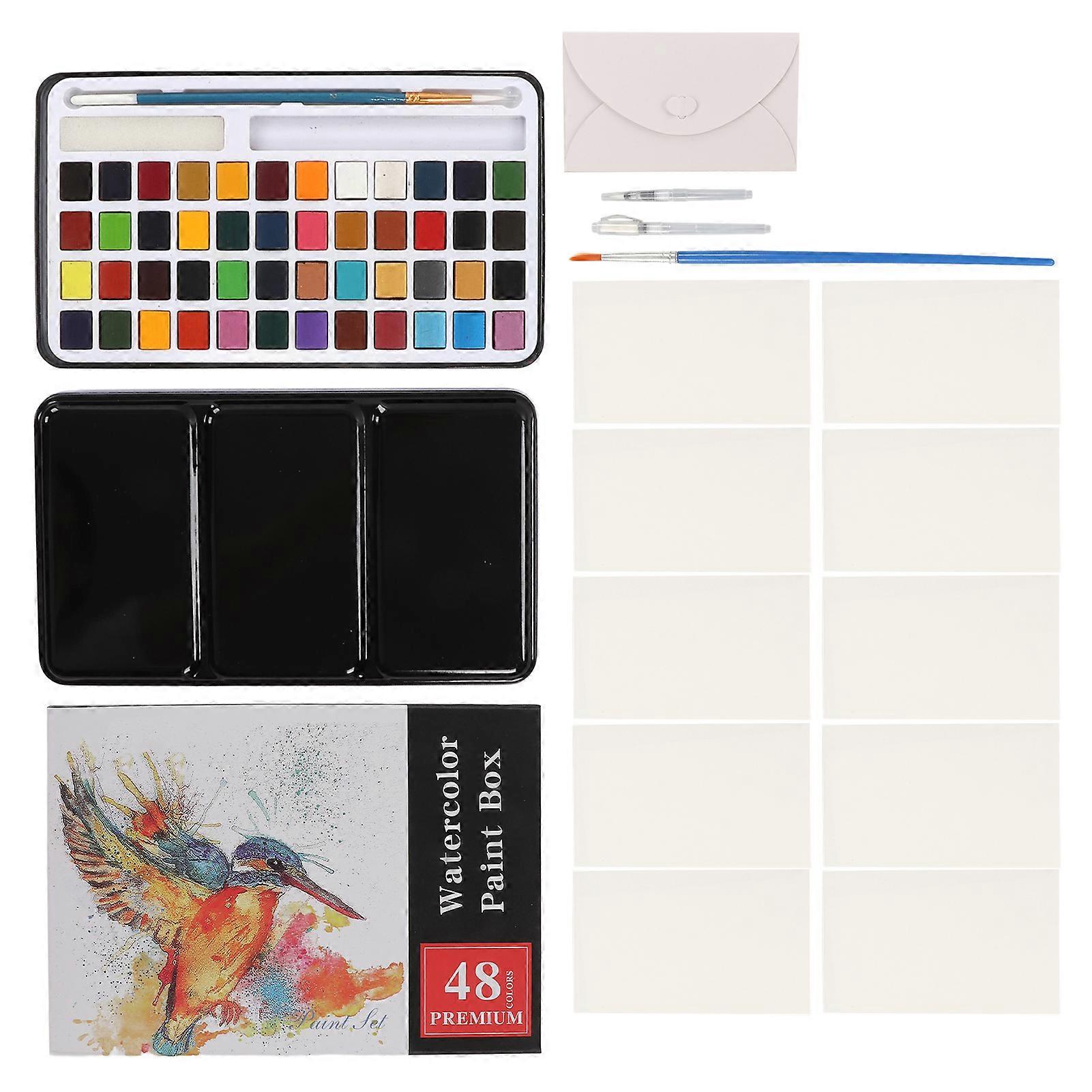 48 Color Paint Set with Brush Sponge Watercolor Paper Envelope Iron Box for Beginners Artists Painting