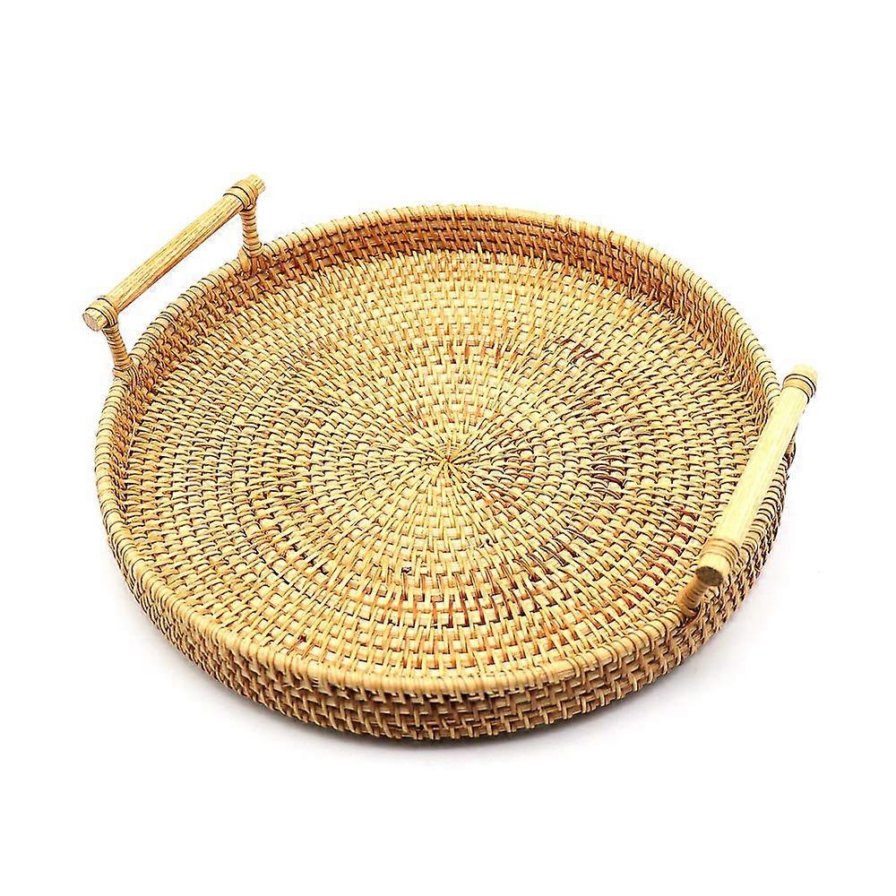 Round Rattan Wicker Storage Basket with Handle, Hand Woven Natural Bread Basket, Large Size, Eco-Friendly Material