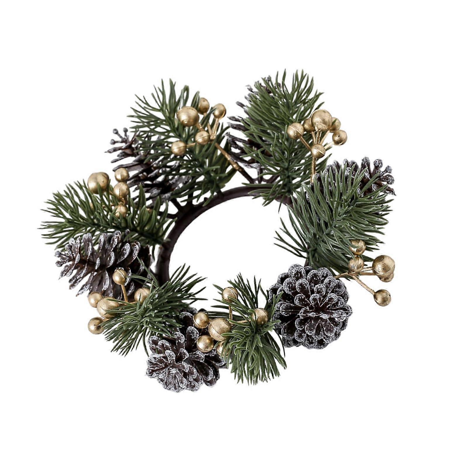 Christmas Candle Rings with Artificial Flowers and Pine Cones for Table Decoration, Pillar Candles, and Wine Bottles