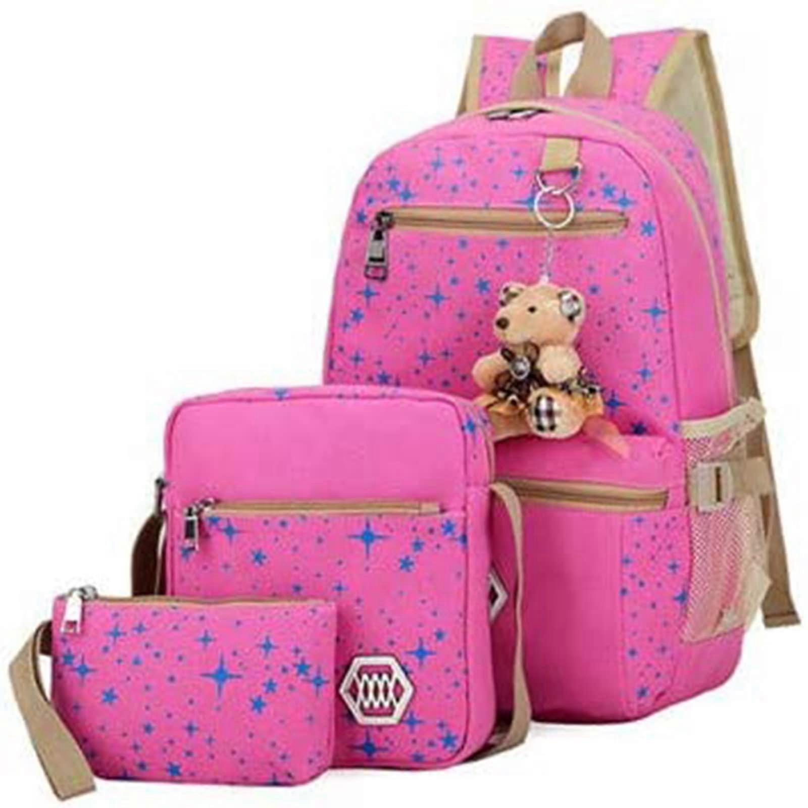 3piece Backpack Set, School Backpacks for Girls with Lunch Box Set, Pencil Case, Backpack with Korean Canvas Print and Large Capacity Pink Rose