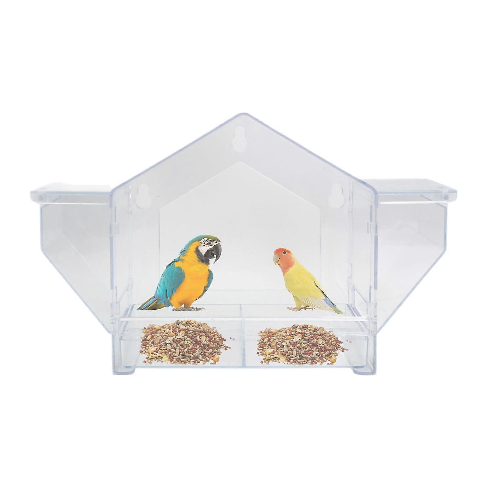 Windowmounted bird feeder station, transparent acrylic bird feeder, flexible installation, pet food organizer for macaws.