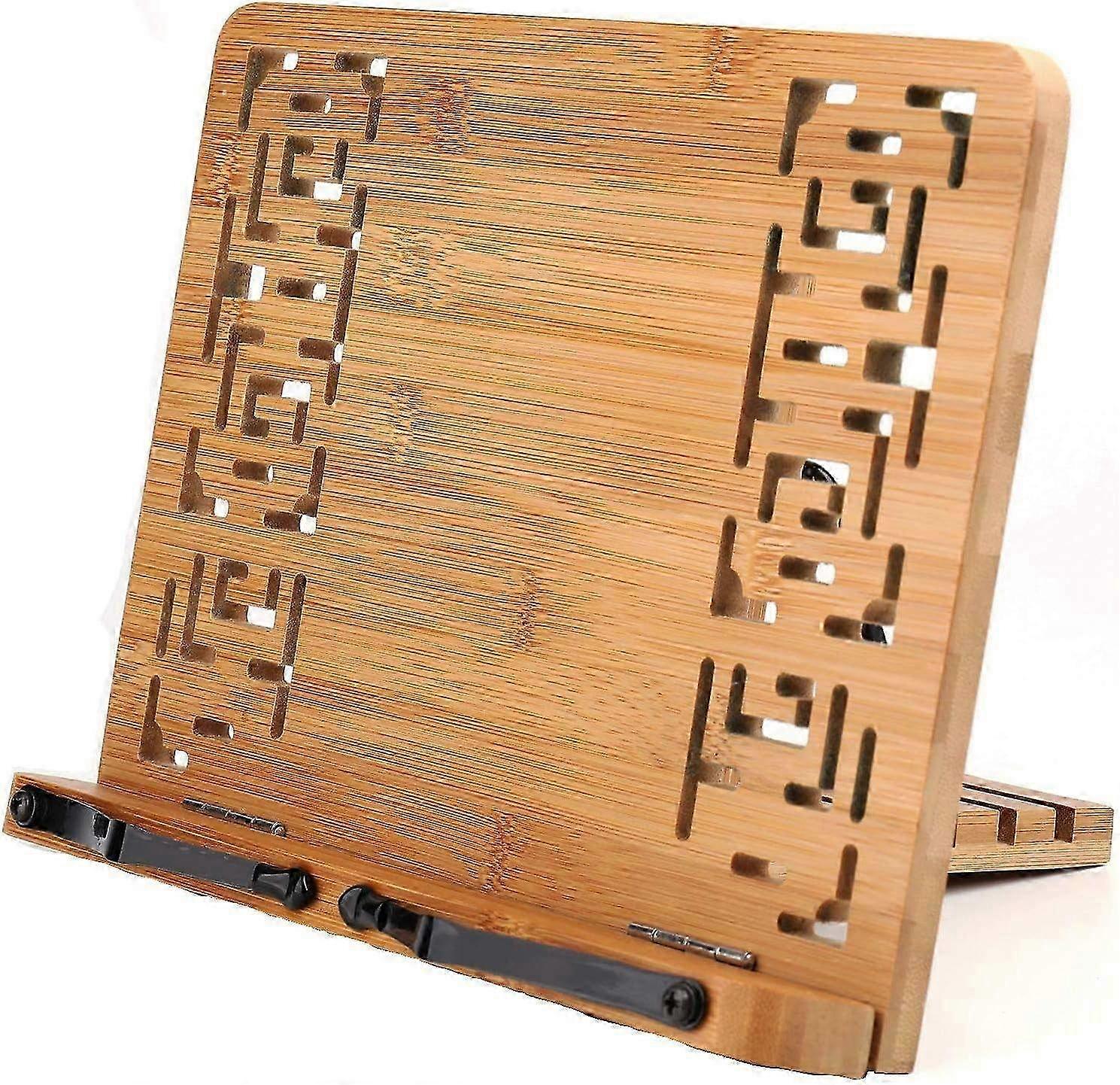 Bamboo Book Stand with 2 Metal Page Holders, Foldable and Adjustable Tablet Stand for iPad, Compatible with Cookbooks and Reading Supports