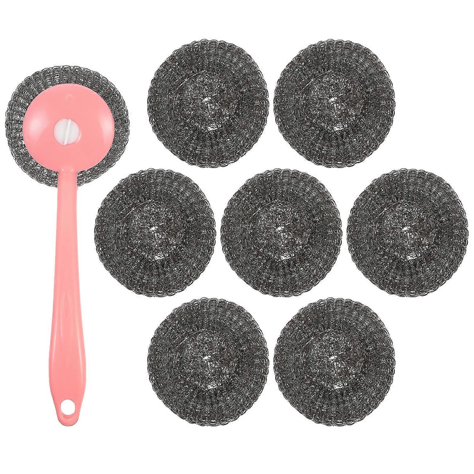 8pcs Long Handle Dish Brush with Steel Wire Mesh Cleaning Balls, Non Scratch Pan Scrubber for Kitchen Pots, High Density Hollow Design for Oil