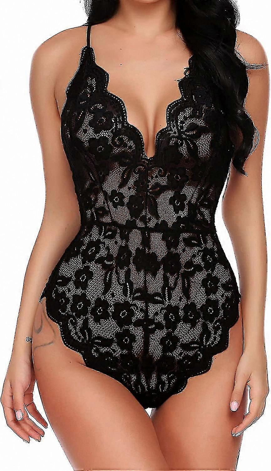 Women's Alluring Lace Bodysuit - Elegant One-Piece Undergarment with Deep V Design