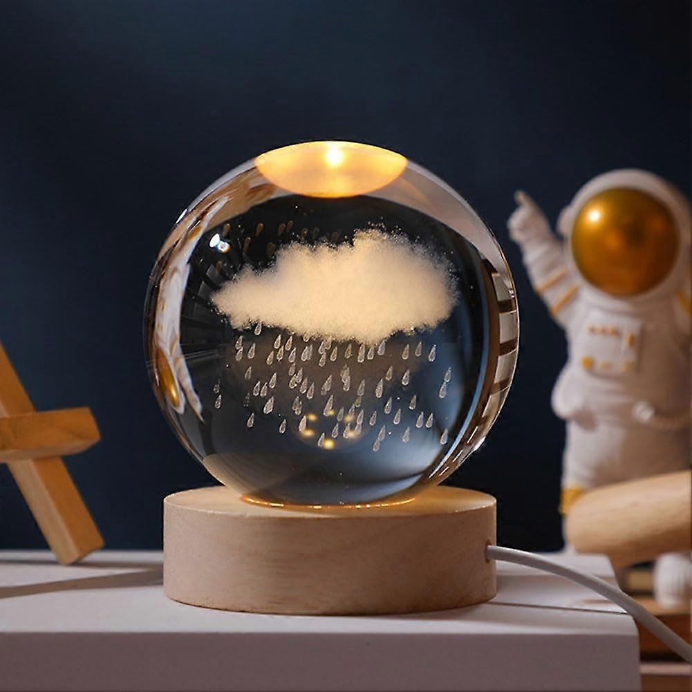 3D Crystal Night Light Small Clear Glass Ball With Wooden Base USB PlugIn Tabletop Decoration Clouds of Rain Gift