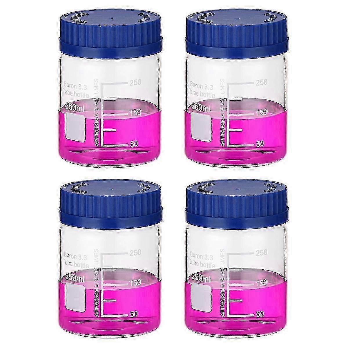 4 Pack Reagent Media Storage Bottles, 250ml Borosilicate Glass Wide Mouth Graduated Round Bottles With Gl32 Screw Cap