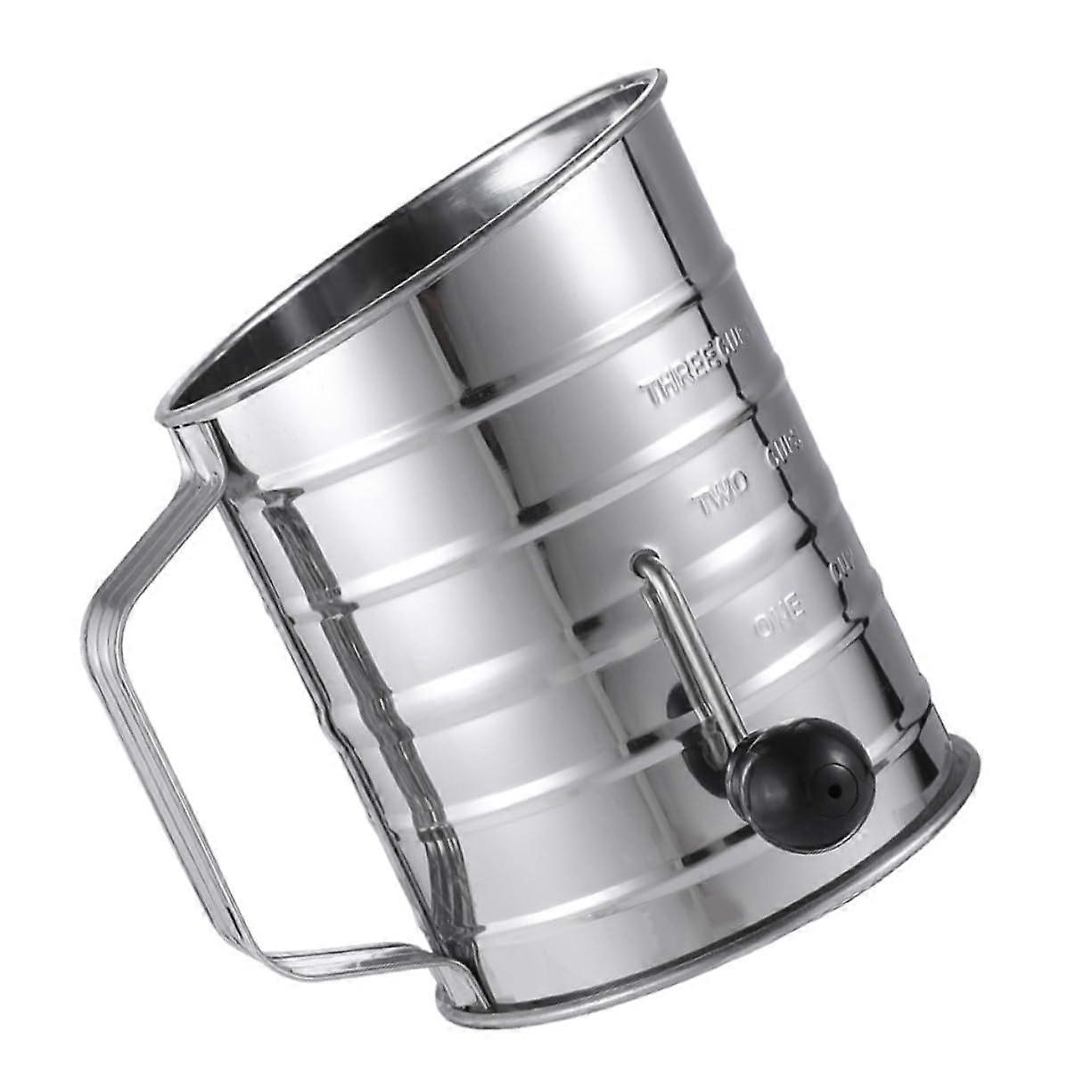 Stainless Steel Flour Sieve with Mesh Filter and Hand Crank Agitator for Baking and Powdered Sugar