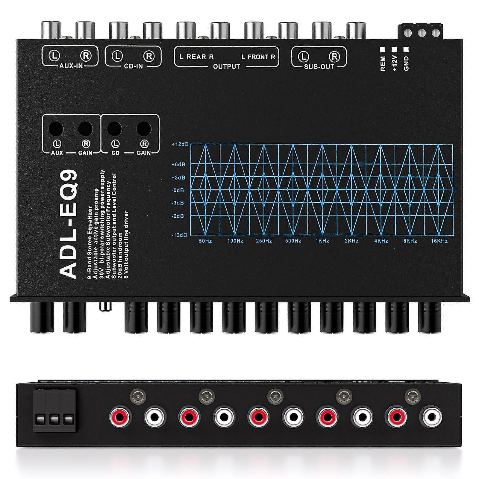 9 Band Car Audio Equalizer with Subwoofer Control, 6Channel Output, CD AUX Input, White Light