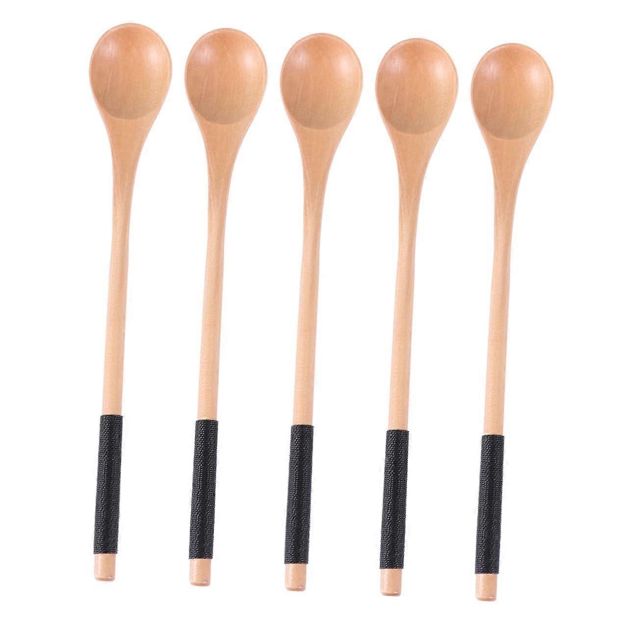5pcs Natural Wooden Spoons with Long Handles for Honey, Cooking, Mixing, Serving Soup, Salad and Dessert