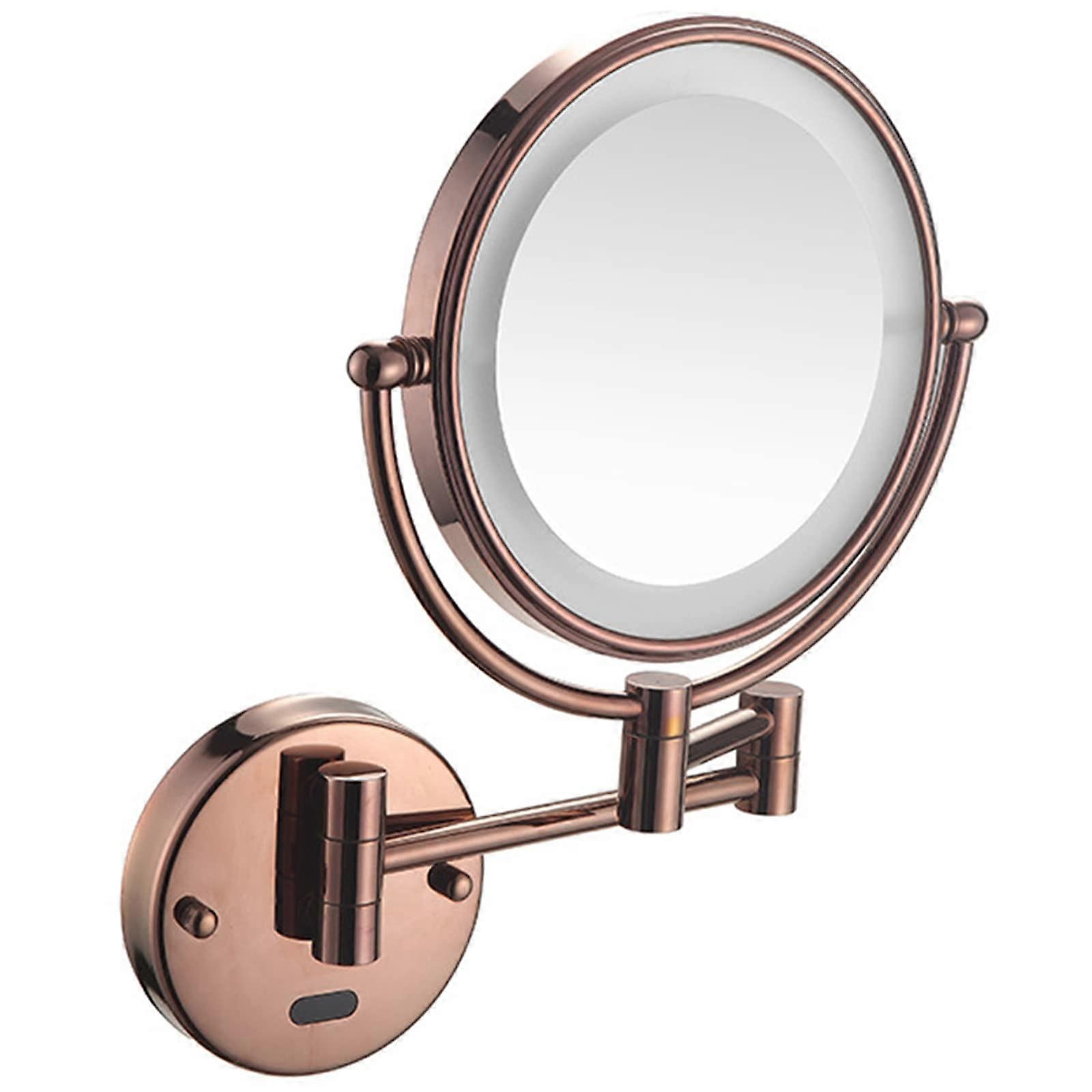 LED Wall Mounted Makeup Mirror with Smart Sensor Light, 10X Magnification, DoubleSided Swivel Arm, Rose Gold