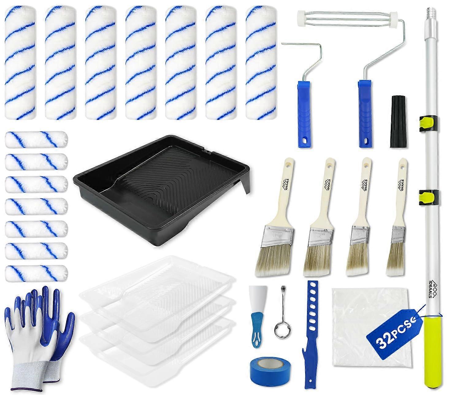 32PCS Paint Roller Kit with Adjustable Extension Pole, Microfiber Rollers, Brushes for Walls and Ceilings