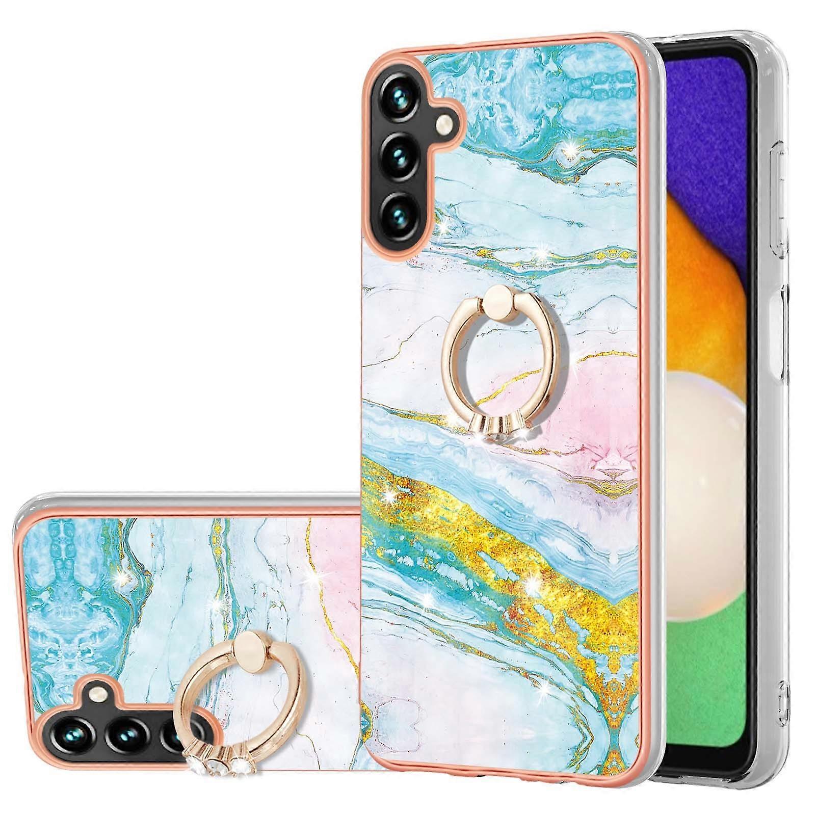 For Samsung Galaxy A34 5G Case with Ring Kickstand Marble Pattern Electroplating TPU Back Cover